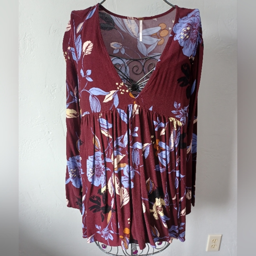 Free People Burgundy Floral V-Neck Long Sleeve Mini Dress Or Tunic